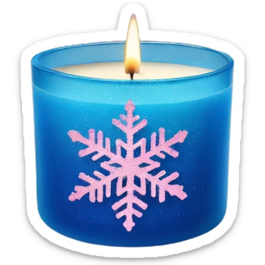 Realistic blue glass 3 wick candle with wicks lit and a light pink glitter snowflake as the label on outside of candle sticker