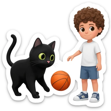 Black cat playing with orange basketball and a little white boy with curly hair sticker