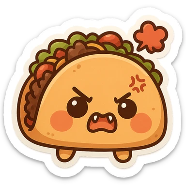 cute angry taco with puffed cheeks, tiny fangs, playful angry expression, simple background sticker