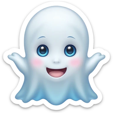 Cinematic Cute Ghost Portrait Emoji, with a playful, rounded translucent form in soft pastel whites and blues, featuring large, sparkling eyes and a gentle, mischievous smile, simplified yet irresistibly endearing, highly detailed with a soft glowing outline that captures the charm of a friendly spirit ready to float into your heart! sticker