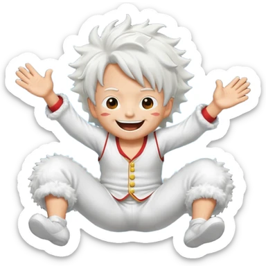 Create a joyful cartoon-style emoji of Luffy as a laughing character with wild, fluffy white hair and a glowing white outfit. The character should have a big open smile, one hand on its face in laughter, and be in a dynamic mid-air pose with bent legs, as if carefree and floating. sticker
