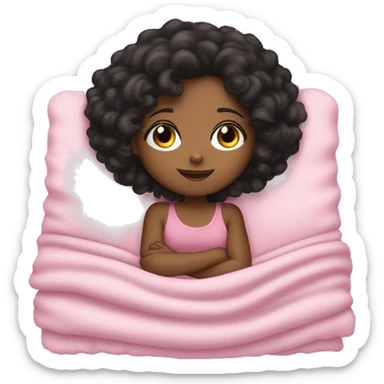 brown girl, black curly hair, sleeping with a pink blanket, sticker