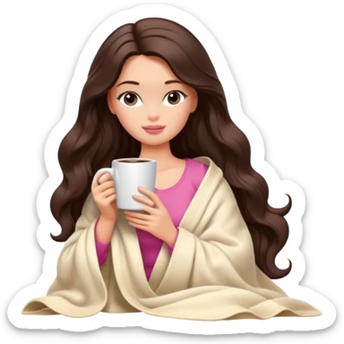 Barbie girl with a long wavy dark brown hair inside a cream blanket sipping coffee eyes closed sticker