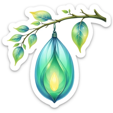 ethereal magical cocoon hanging from a branch, glowing green-blue cocoon, yellow magical aura, translucent, magical symbol, soft curves, gentle green-blue hues sticker