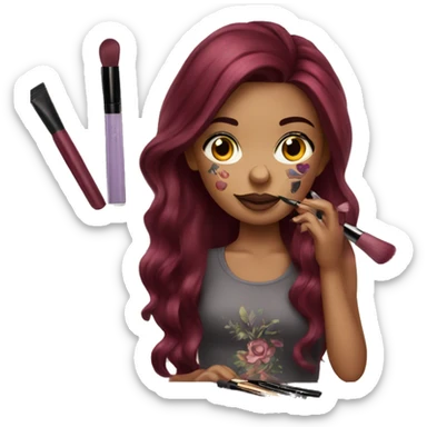 Beautiful tattooed burgundy long haired woman doing her makeup sticker