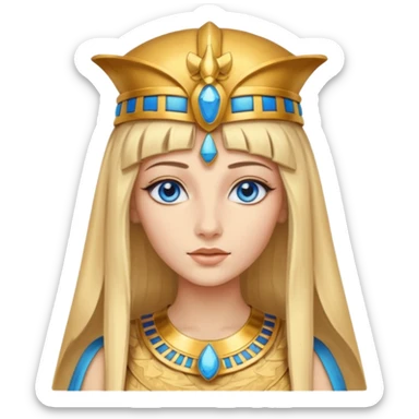 Cleopatra vestita da faraone con il cappello da faraone ma con gli occhi azzurri e i capelli lunghi biondi non troppo chiari con il cappello da faraone dorato senza frangia capelli lunghi  sticker