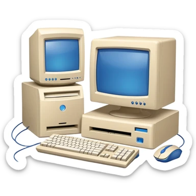 Early 2000s desktop computer, beige plastic casing, CRT monitor with blue screen, tower CPU with CD drive, separate wired keyboard and mouse, simple tech setup sticker