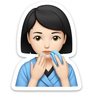 a white woman who has black short hair cleaning her face sticker