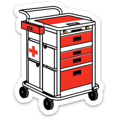 Singular Red medical crash cart is a mobile, multi-drawer unit designed to store and organize emergency medical supplies and equipment and a cardiac defibrillator on top sticker