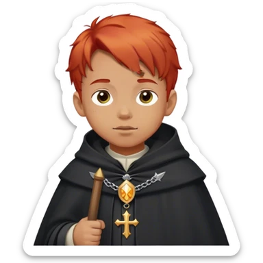 boy red hair in pilgrim medieval cloak without hat and pilgrim badge sticker