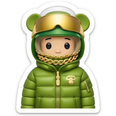 bearbrick toy with lime balaclava tagged with logos, wearing oversized monolens ski-type visor shield covering eyes as one continuous piece, puffer jacket with fur, gold chains sticker