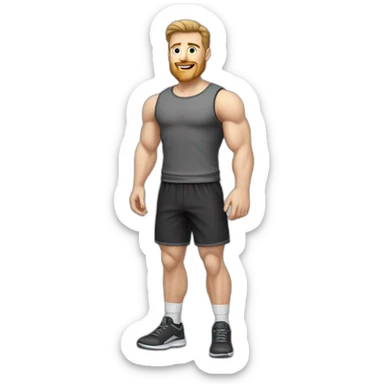 Full height Pale skinned fit man With biceps, Realistic eyes and mouth, light brown hair and stubble In dark gray sleeveless mike, black oversize sports shorts, watch and white sneakers. sticker