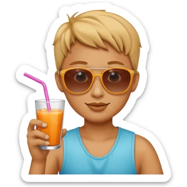 Sun is wearing sunglasses and drinking juice with stra sticker