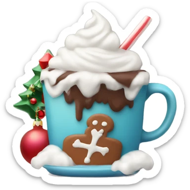 Steaming hot chocolate mug with whipped cream and Christmas decoration sticker