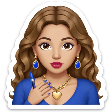 Light skinned girl, long wavy brown hair center-part with face framing pieces, big hazel eyes, gold heart necklace and earrings, royal blue long sleeve top, prominent blush, sassy, big lips, fancy long acrylic nails done, holding lipstick. She is curvy sticker