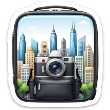 Icon for Urban Tourism: city skyline with iconic buildings, a camera and a backpack. The icon should represent the exploration of urban destinations, with elements like streets, landmarks, and vibrant city life. Transparent background. sticker