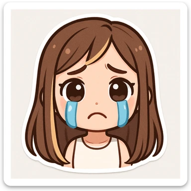 cute animated young woman with long straight light brown hair and prominent blonde highlights framing her face, fair skin, large expressive brown eyes looking straight ahead with a sad worried expression, neatly shaped eyebrows angled upwards in the middle, two large bright blue cartoon tears streaming down her face, mouth downturned in a frown, wearing a simple white sleeveless top, plain white background, character stands out, deeply upset and relatable sticker