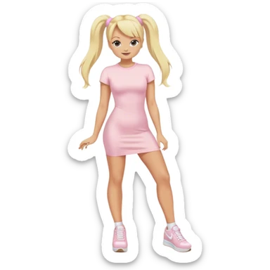Emma Bunton with long blonde ponytails wearing light pink bodycon dress with white platform sneakers sticker