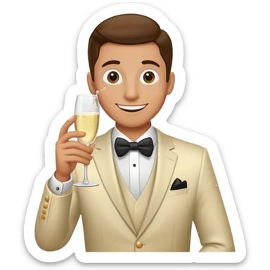 Wedding crasher character in fancy clothes trying to blend in at a wedding reception, holding champagne glass, goofy smile sticker