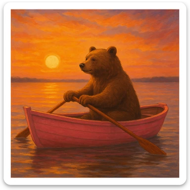 pink rowing boat with a bear rowing, sunset background sticker