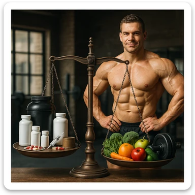 A 35-year-old bodybuilder con equilibrio su uso di sostanze e non. immagine iper realistica, fai una bilancia sticker