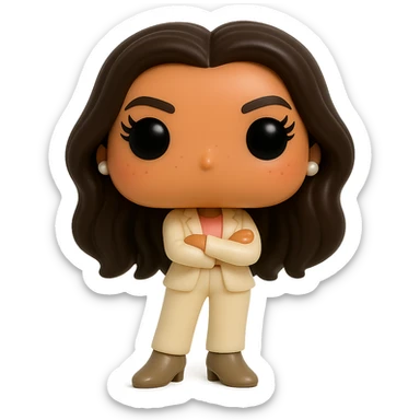 Create a Funko Pop style vinyl figure of Eva Longoria with luminous smooth tanned skin, extremely detailed dark hair, hyper-textured feminine cream suit (jacket and pants), small pearly earrings, greige leather boots clearly visible, arms crossed, rosy cheeks, very discreet freckles, eyelashes, mischievous and cheerful expression, no mouth, transparent background. sticker