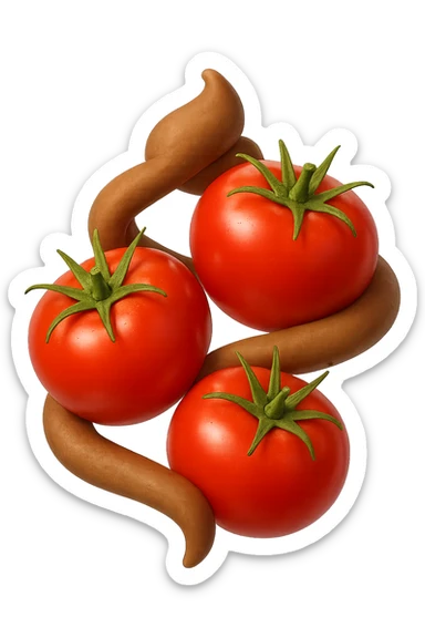 emoji stile iphone di pomodori che fluttuano in aria con colon attorcigliato intorno, iperrealistico 4k, isolato su sfondo bianco sticker