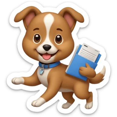 cute emoji-style dog running with a resume in its mouth, happy expression, simple and bold lines sticker