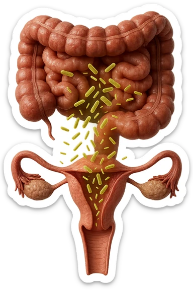 UTERO UMANO E INTESTINO ANATOMICI REALISTICI SONO UNO SOPRA ALL'ALTRO E SI PASSANO I BATTERI A VICENDA, CON BATTERI CHE ESCONO DALL'INTERNO, IPERREALISTICO 4K, NON DISEGNATO sticker