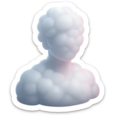 person made entirely of white fluffy convex clouds with a slight pink glow, shoulder up, front view, matte glass style, no background sticker
