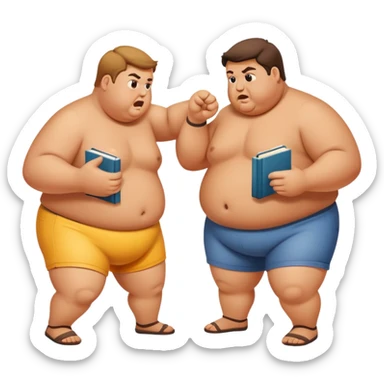 2 obese people fight over a book sticker
