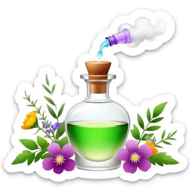 Perfume making icon, delicate glass bottle being filled with colorful essential oils from droppers, swirling mist rising from the bottle, flowers and herbs nearby, minimalistic style, clean lines, transparent background. sticker