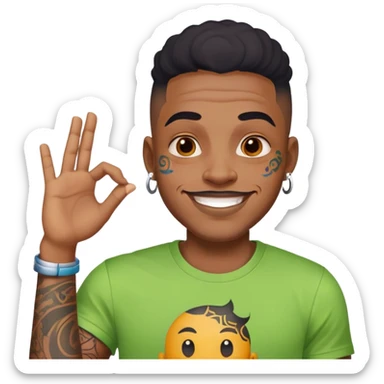 black man with bold face tattoos, happy face, wearing a colorful t-shirt sticker