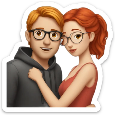 red head girl kissing a white man with black hair and round glasses  sticker