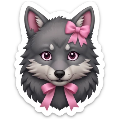 sad 🥺 cute dark grey wolf with a pink ribbon ion his head sticker
