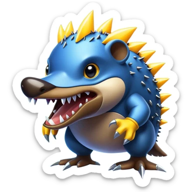 a fantastical dangerous and spooky electric platypus merged with a hedgehog with sharp teeth, metal electric spikes, and strong fangs, electricity and lightning coming, menacing look, yellow and blue lightning bolts sticker