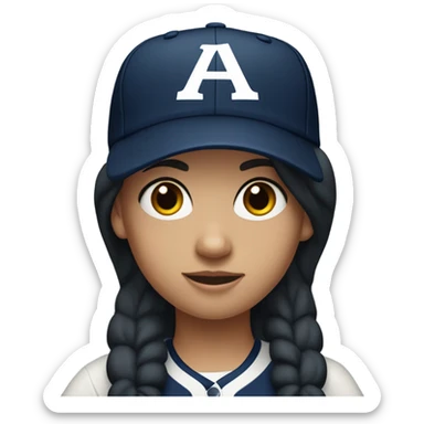 A  white girl with black long hair and wearing navy ballcap emblazoned with a red G initial and wearing baseball uniform sticker