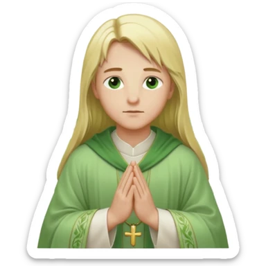 a young bishop, green eyes, long blonde hair, light green wide, flowing outer robe. hands clasped together, gazing thoughtfully. Soft light, subtle fern. Waist-up, profile. sticker