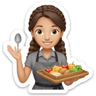 Брюнетка официантка в руках поднос с длинными волосами в косе улыбается ф сером фартуке и черной футболке sticker