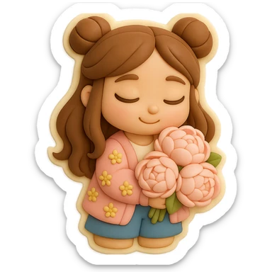 3D chibi fondant cake art style, high-quality rendering with smooth shadows and soft gradients. Girl based on reference image, preserving facial features and eye shape exactly as in the reference. Long brown hair styled in two space buns, brown eyes. Thick white outline like a sticker, transparent background. She is holding a bouquet of soft pink peonies in both hands, looking down at the flowers with a gentle, happy expression. sticker