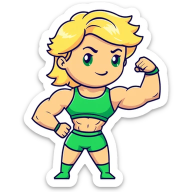 muscular white girl with blonde hair and green eyes, flexing 6 pack abs and one arm bicep sticker