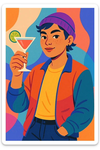 A non-binary person wearing a beanie holding a cocktail glass sticker