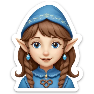 Kind happy whimsical quirky Girl toymaker, wood carving elf. Woodland creator. Blue eyes. brown hair (just below chin length) wavy hair & bangs. Whimsical playful cute sticker