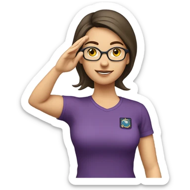 a caucasian brunette female, wearing a purple t-shirt and glasses, making the military salute gesture with her hand next to her head sticker