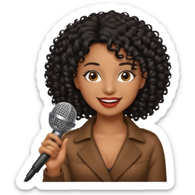 brown skin woman, curly black hair, singer, hold micro sticker