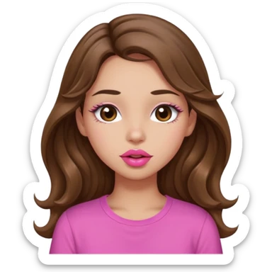 girl with long wavy brown hair, brown eyes, light to medium complexion, in a pink shirt, pink lips, long lashes, puckering up for a kiss, kiss lips sticker