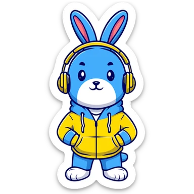 blue bunny in hoodie, one paw in pocket, headphones on sticker