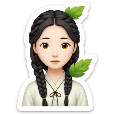  A Chinese girl with a long braid, a brown hairpin shaped like a leaf, and a white blouse, breathing in the spring air. sticker
