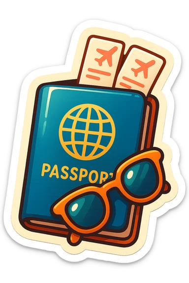 playful retro sticker-style illustration of a passport with two airline tickets sticking out, and a small pair of sunglasses resting on the passport, bold outlines, smooth forms, and glossy expressive highlights sticker