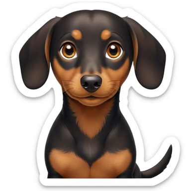 Cinematic Cute black and tan Dachshund Portrait Emoji, Head tilted playfully and inquisitively, featuring a glossy black and tan coat with a sleek sheen, round, sparkling brown eyes filled with curiosity, Simplified yet irresistibly adorable features, highly detailed, glowing with a warm, friendly glow, high shine, affectionate and spirited, stylized with a touch of whimsy, bright and endearing, soft glowing outline, capturing the essence of a mischievous yet loving pup, so playful it feels like it could dash out of the screen and into your arms! sticker